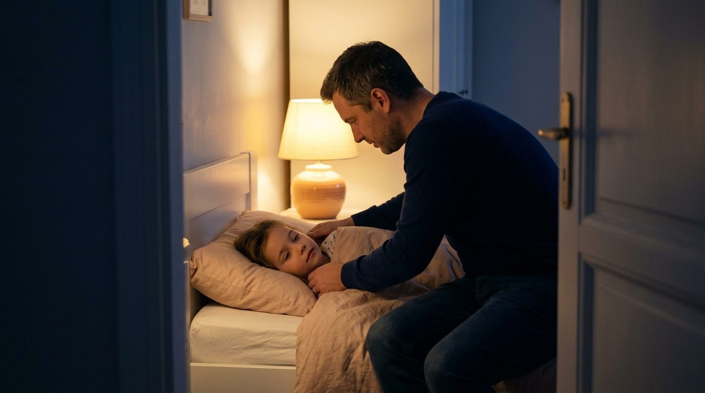 Padre arropando a su hijo en la cama por la noche