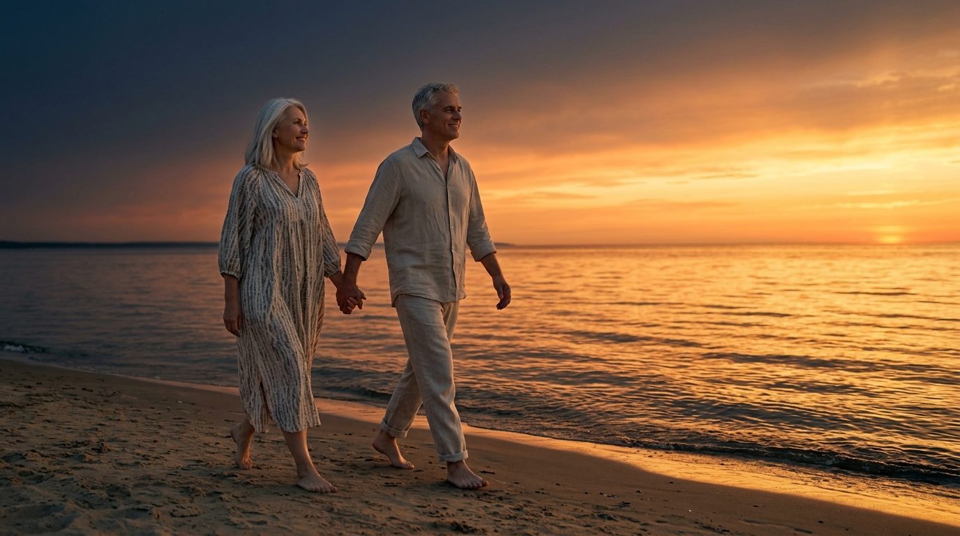 Pareja mayor caminando por la playa al atardecer