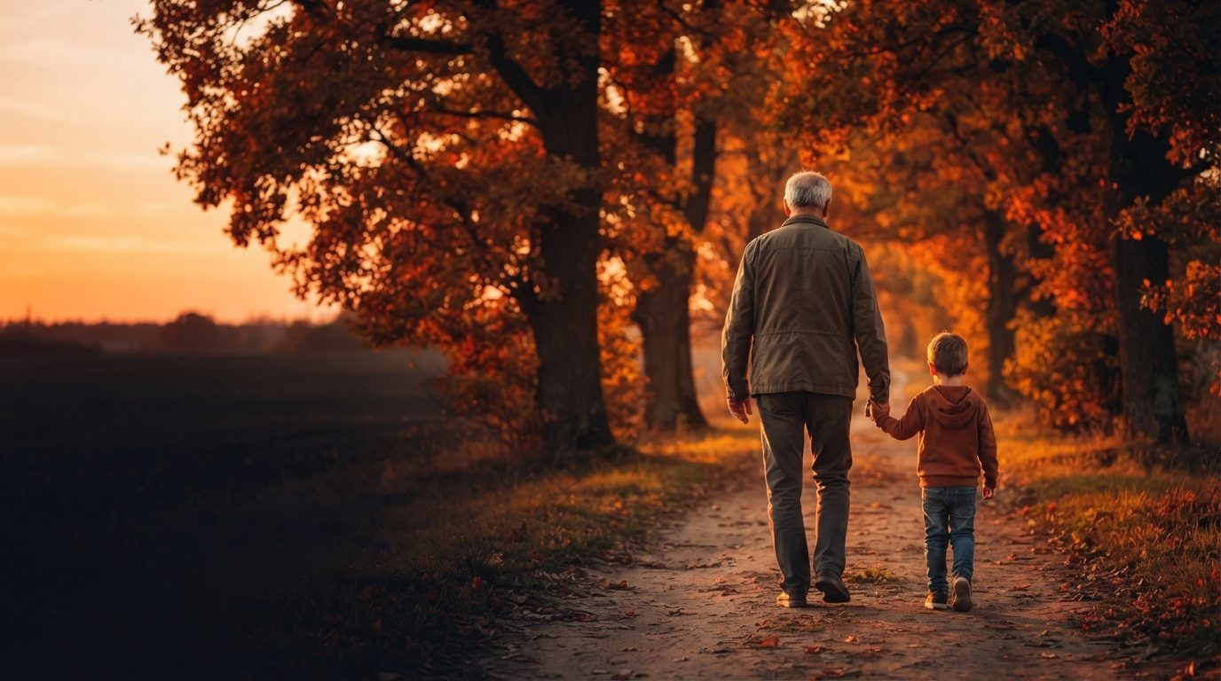 Abuelo y nieto caminando de la mano por un sendero otoñal
