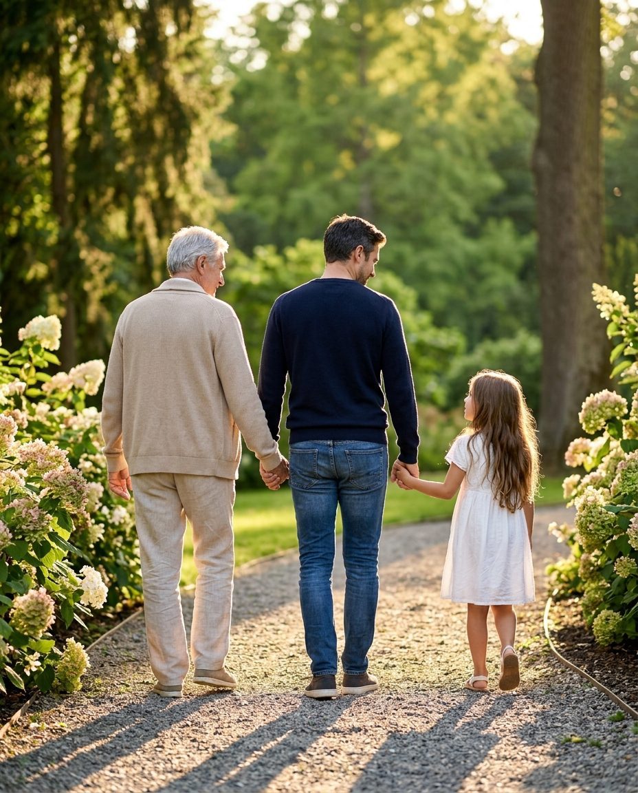 Abuelo, padre y niña caminando juntos por un jardín