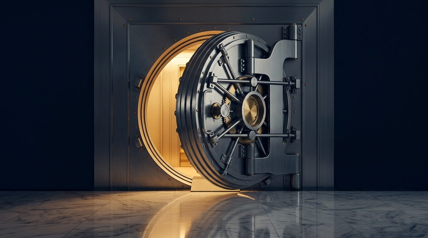 Puerta de bóveda de seguridad abierta con luz cálida